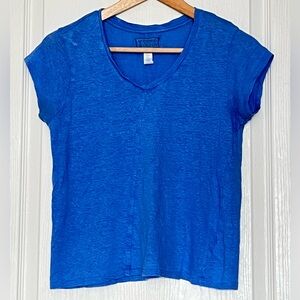 Sigrid Olsen Blue 100% Linen V-Neck Top Sz M Asymmetrical Seam Coastal Chic